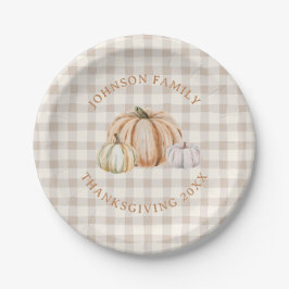 Assiettes En Carton Nom de famille personnalisé Gingham neutre reconna