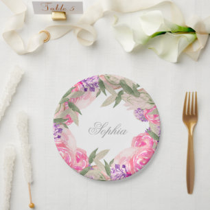 Assiettes En Carton Nom de la fille Baptême Christening Floral