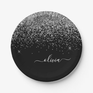 Assiettes En Carton Nom de monogramme pailleté girly noir argenté