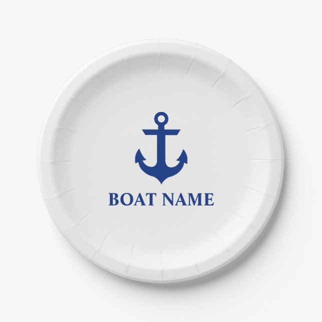 Assiettes En Carton Nom du bateau nautique Ancre blanc (Devant)