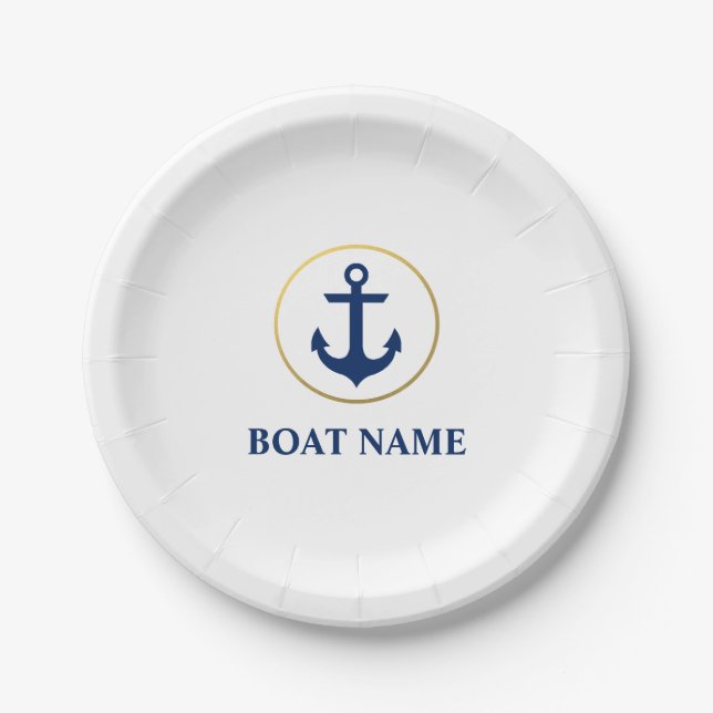 Assiettes En Carton Nom du bateau nautique Ancre Blanc G (Devant)