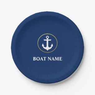 Assiettes En Carton Nom du bateau nautique Ancre Blue Gold