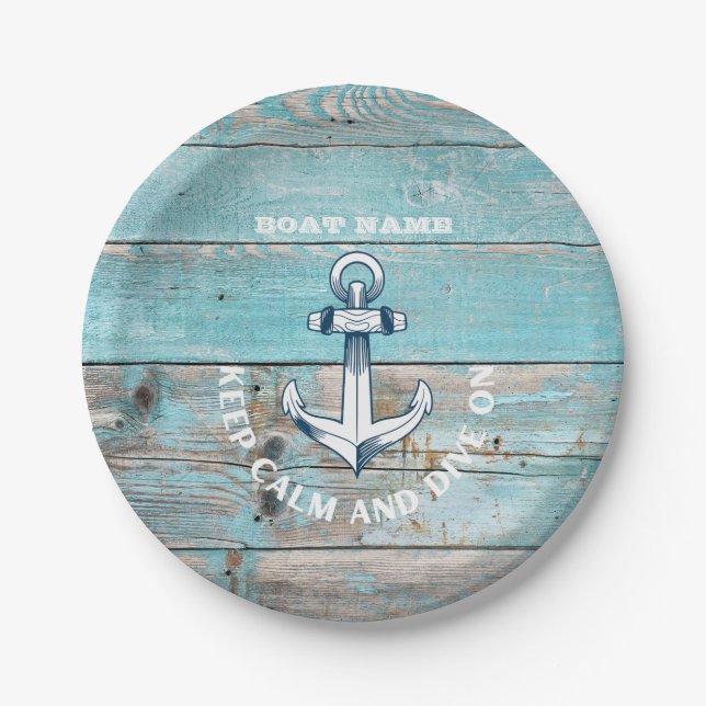 Assiettes En Carton Nom du bateau nautique Ancre Bois rustique (Devant)