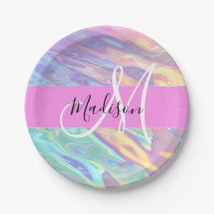 Assiettes En Carton Nom du monogramme d'iridescendance rose-fille