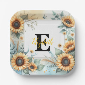 Assiettes En Carton Nom du monogramme pasterose de tournesol floral