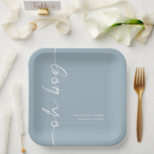 Assiettes En Carton Nom du texte pivoté Dusty Blue Oh Baby shower garç