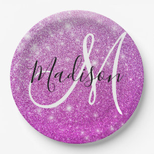 Assiettes En Carton Nom en monogramme avec paillettes violettes Girly