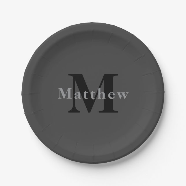 Assiettes En Carton Nom et monogramme | Dark Gray (Devant)