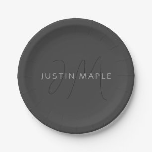 Assiettes En Carton Nom et monogramme du cool gris foncé