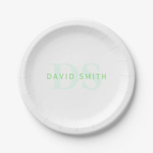 Assiettes En Carton Nom et monogramme modernes Vert et blanc