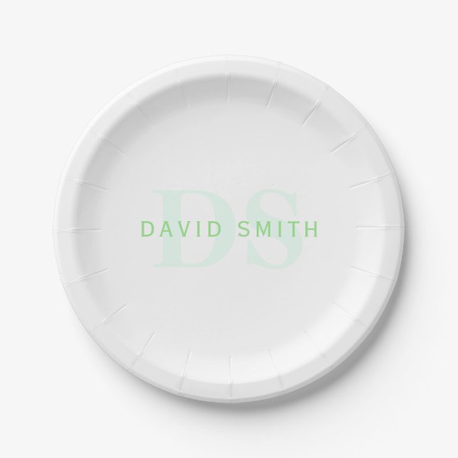Assiettes En Carton Nom et monogramme modernes | Vert et blanc (Devant)