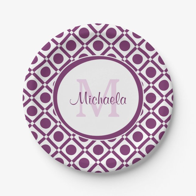 Assiettes En Carton Nom géométrique moderne violet blanc (Devant)