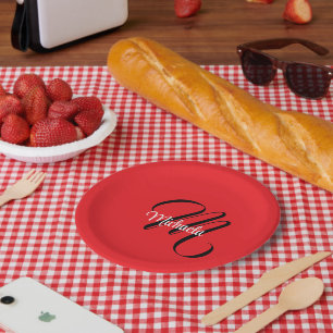 Assiettes En Carton Nom initial minimaliste moderne monogramme rouge