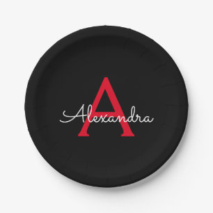 Assiettes En Carton Nom Monogramme Féminin Script Rouge Noir
