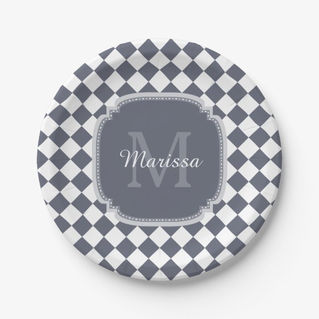 Assiettes En Carton Nom Monogrammé gris et blanc tendance (Devant)