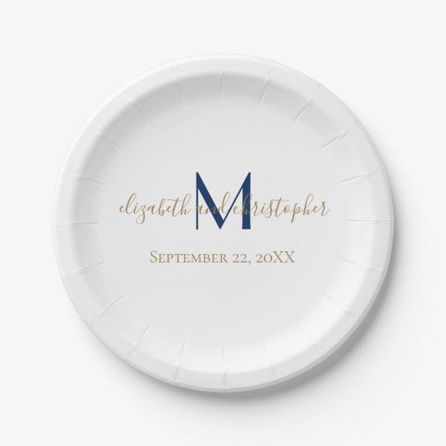Assiettes En Carton Nom monogramme Initiales Mariage d'or bleu (Devant)