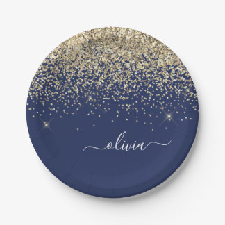 Assiettes En Carton Nom Monogramme Pailleté Fille Or Bleu Marine