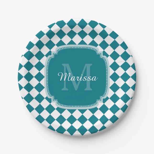 Assiettes En Carton Nom Monogrammé Turquoise et blanc tendance (Devant)