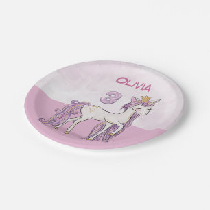 Assiettes En Carton Nom personnalisé 3e anniversaire Cheval rose avec 