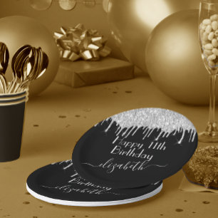 Assiettes En Carton Nom personnalisé + Âge Argent Paillettes qui tombe