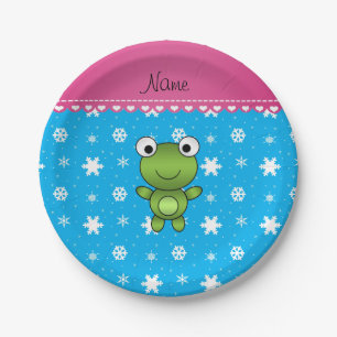 Assiettes En Carton Nom personnalisé bébé grenouille ciel bleu flocons