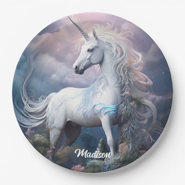 Assiettes En Carton Nom personnalisé belle licorne (Devant)