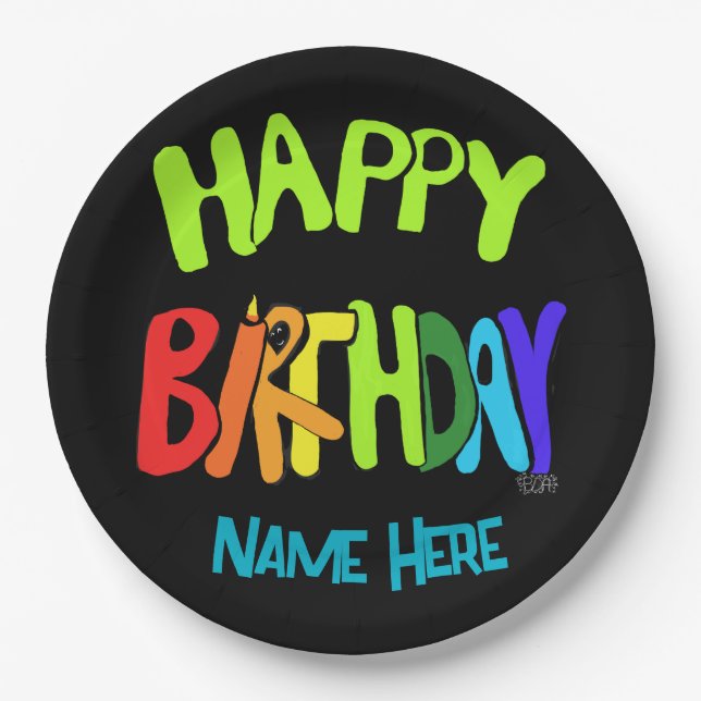 Assiettes En Carton Nom personnalisé Bright and Happy Birthday (Devant)