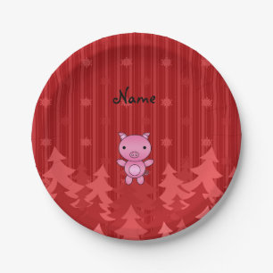 Assiettes En Carton Nom personnalisé cochon rouge noël arbres rayures