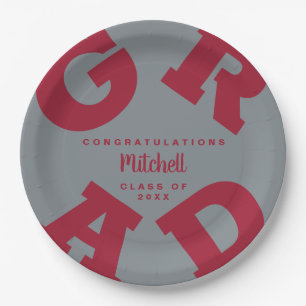 Assiettes En Carton Nom personnalisé Crimson Red and Grey Graduation