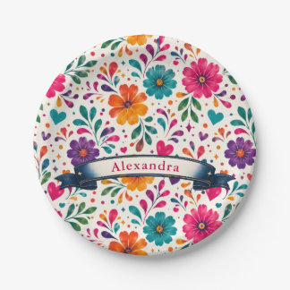 Assiettes En Carton Nom personnalisé Cumpleaños Floral espagnol