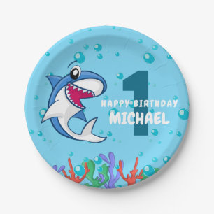 Assiettes En Carton Nom personnalisé Cute Shark 1er Birthday Party