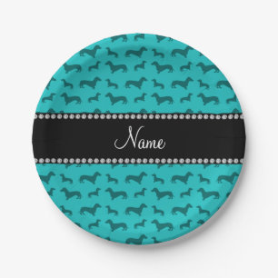 Assiettes En Carton Nom personnalisé dachshund turquoise
