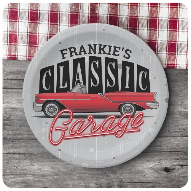 Assiettes En Carton Nom personnalisé Faux Neon Garage de voiture class (Créateur téléchargé)