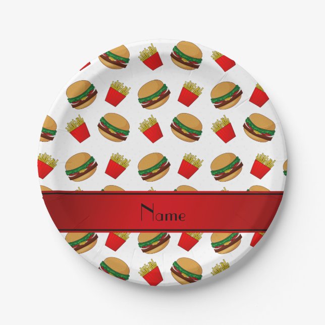 Assiettes En Carton Nom personnalisé hamburgers blancs frites (Devant)