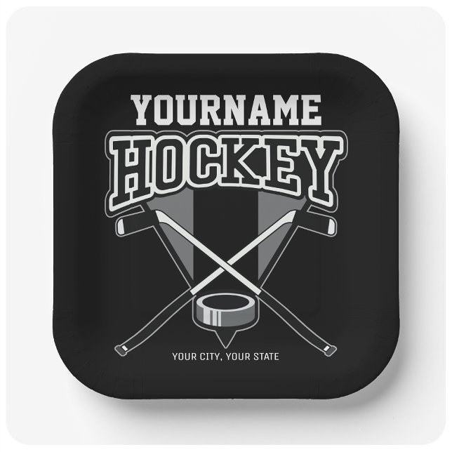 Assiettes En Carton NOM Personnalisé Joueur de hockey Stick Puck Team (Créateur téléchargé)