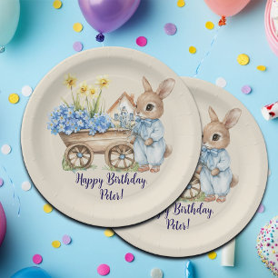 Assiettes En Carton Nom personnalisé Lapin avec Fleurs Bleues Annivers