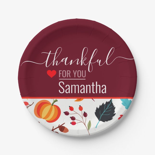 Assiettes En Carton Nom personnalisé Merci Maroon Thanksgiving (Devant)