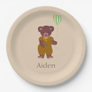 Assiettes En Carton Nom personnalisé mignon Ours Beige Enfants
