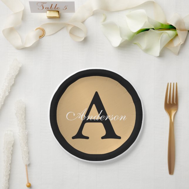 Assiettes En Carton Nom personnalisé Monogram Gold Metallic Button (Mariage)