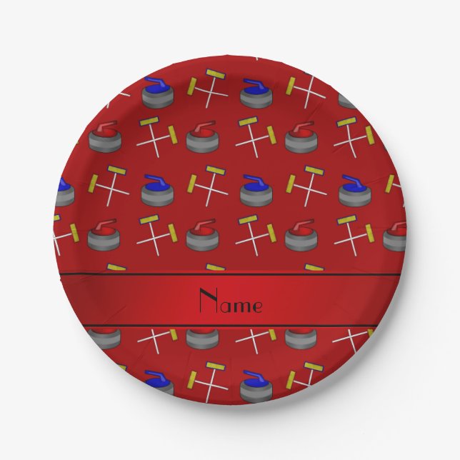 Assiettes En Carton Nom personnalisé motif de curling rouge (Devant)