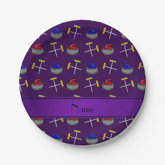 Assiettes En Carton Nom personnalisé motif de curling violet (Devant)