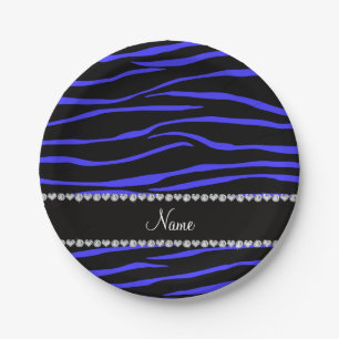 Assiettes En Carton Nom personnalisé noir bleu zèbre rayures