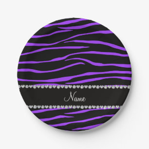 Assiettes En Carton Nom personnalisé noir violet zèbre rayures