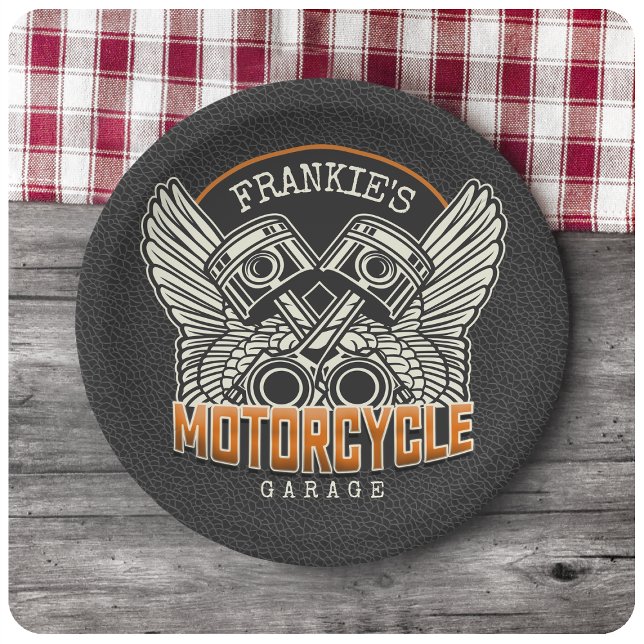 Assiettes En Carton Nom personnalisé Pistons Wings Motorcycle Garage (Créateur téléchargé)