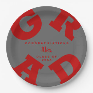 Assiettes En Carton Nom personnalisé Scarlet Red sur Grey Graduation