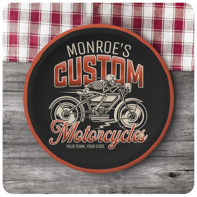 Assiettes En Carton Nom personnalisé Skeleton Motorcycle Boutique (Créateur téléchargé)
