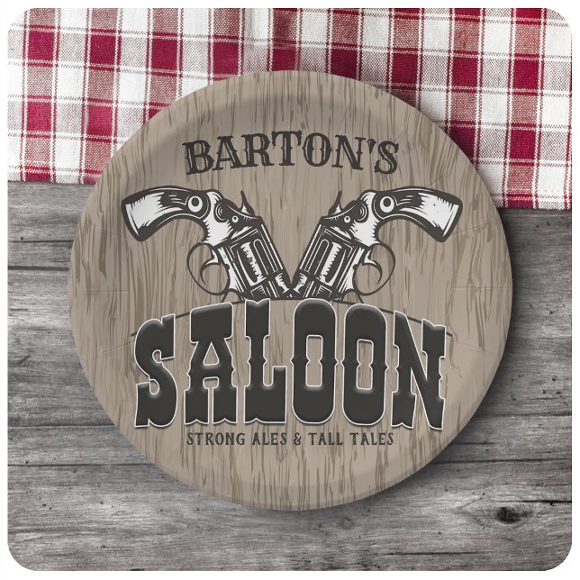 Assiettes En Carton NOM PERSONNALISÉ Wild West Gun Revolver Saloon (Créateur téléchargé)