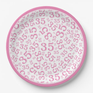 Assiettes En Carton Nombre aléatoire de 35 ans Motif rose/blanc