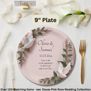 Assiettes En Carton Noms Date Message Roses Roses & Colombes Mariage 9