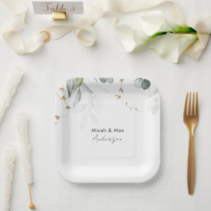 Assiettes En Carton Noms de couple de feuillage élégant Blanc